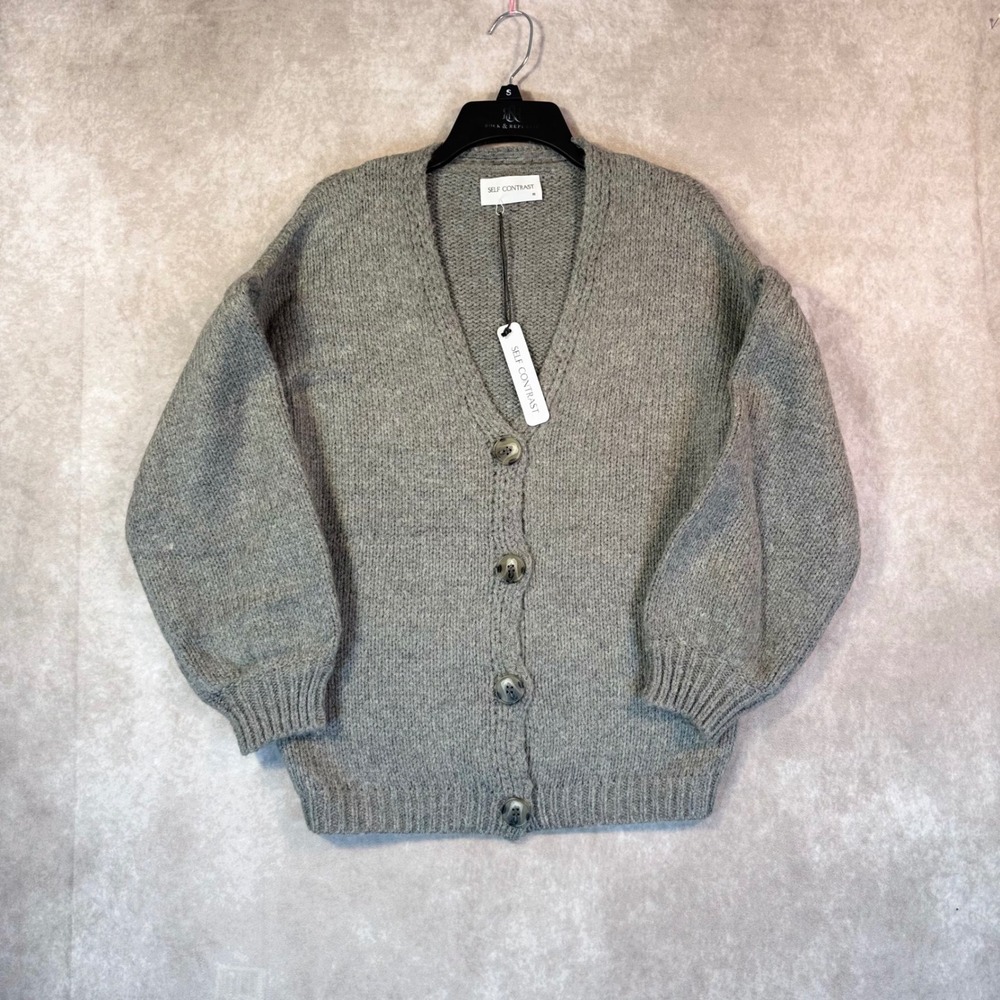 Self Contrast Cardigan Women XS Gray Oversized Wool Mohair Blend Cottage Grandma